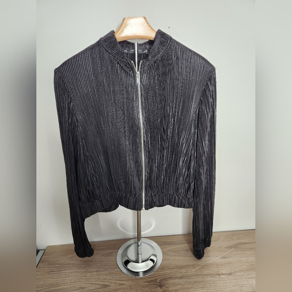 Zara Black Basic Textured Bomber Jacket - image 1